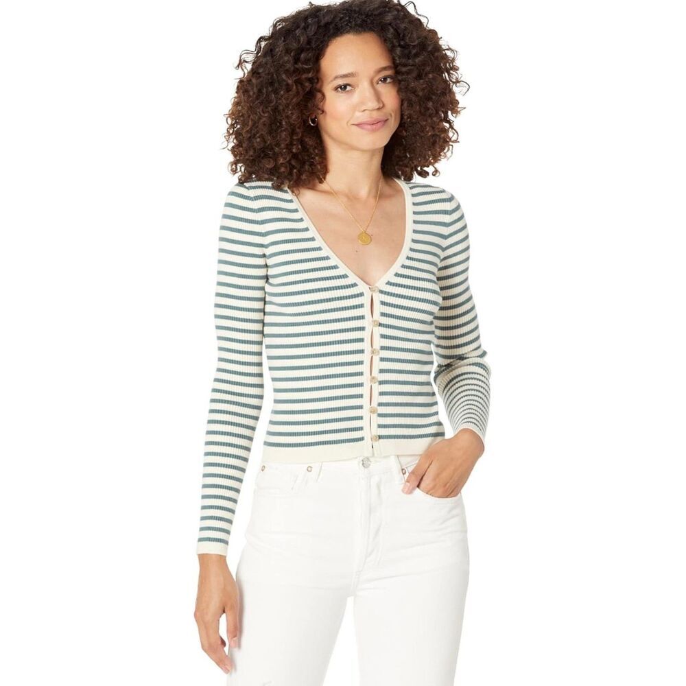 Madewell Carmon Crop Cardigan Sweater in Stripe Size Small Classy Cream/Green